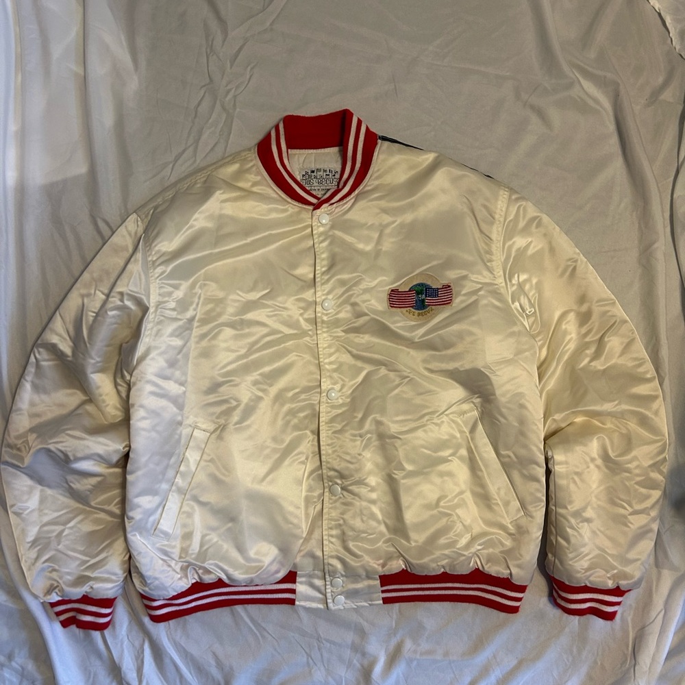 Classic Ivory Bomber Jacket with Red Accents